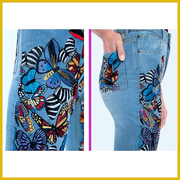 Alice + Olivia Beautiful Embroidered Butterfly Bell Jeans Pant - Picture 4 of 16